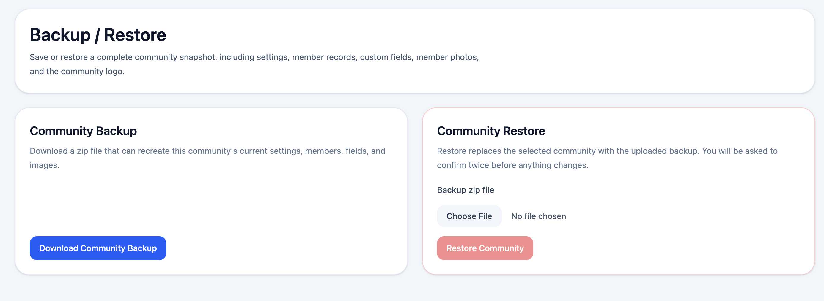 Backup and Restore page with download and upload cards