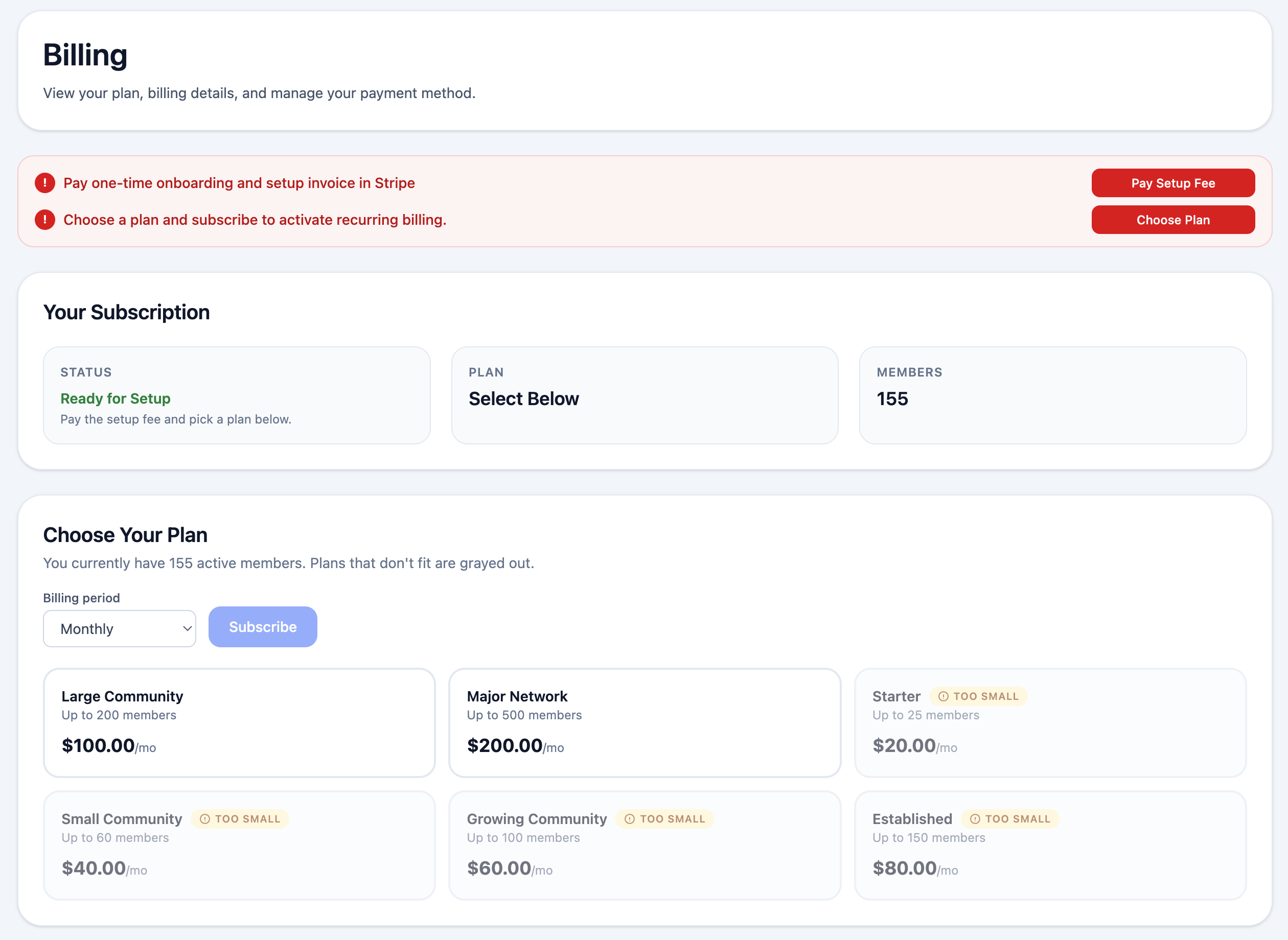 Billing page with subscription status and a plans grid showing TOO SMALL chips for plans that don't fit member count