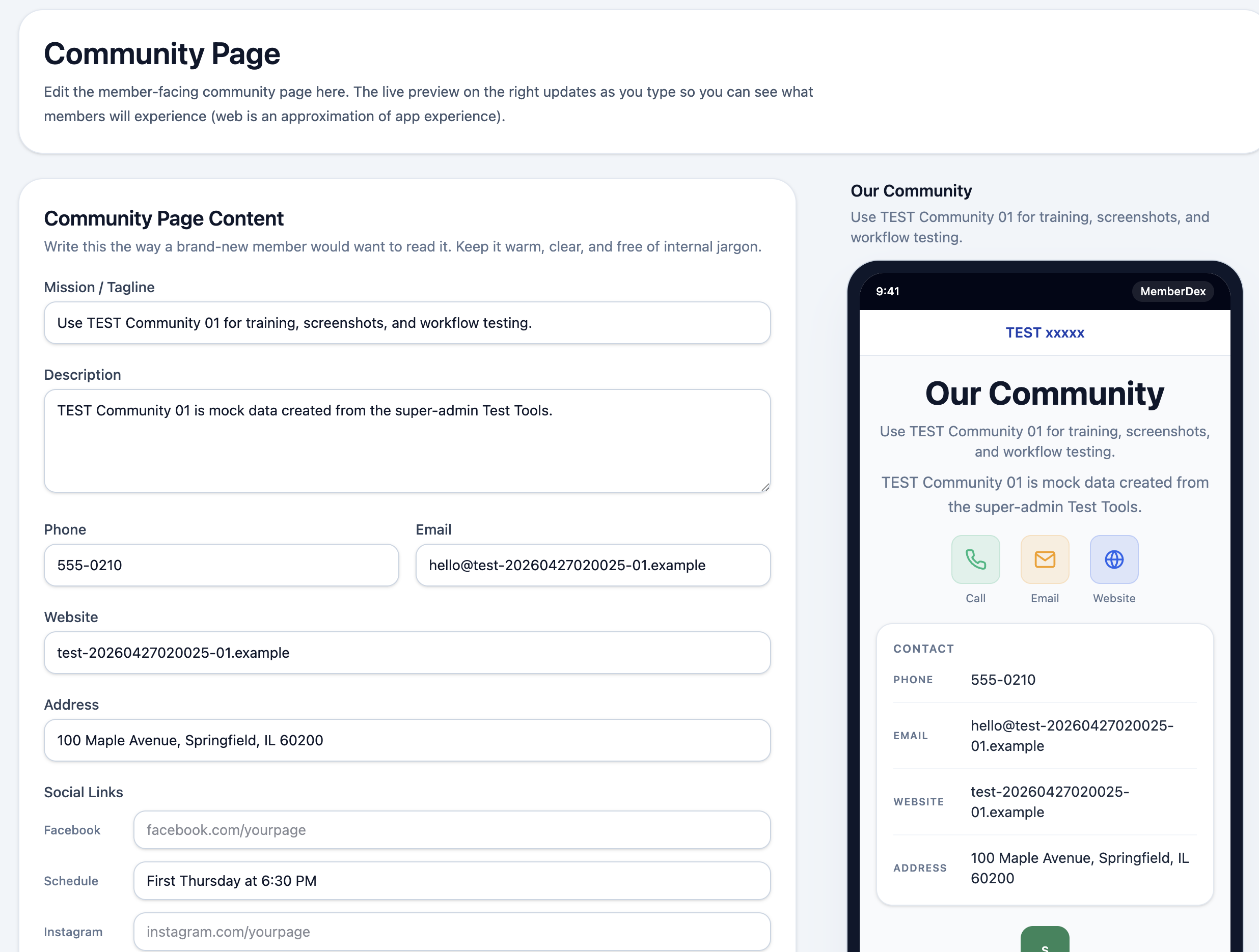 Community page editor with form on the left and live phone preview on the right