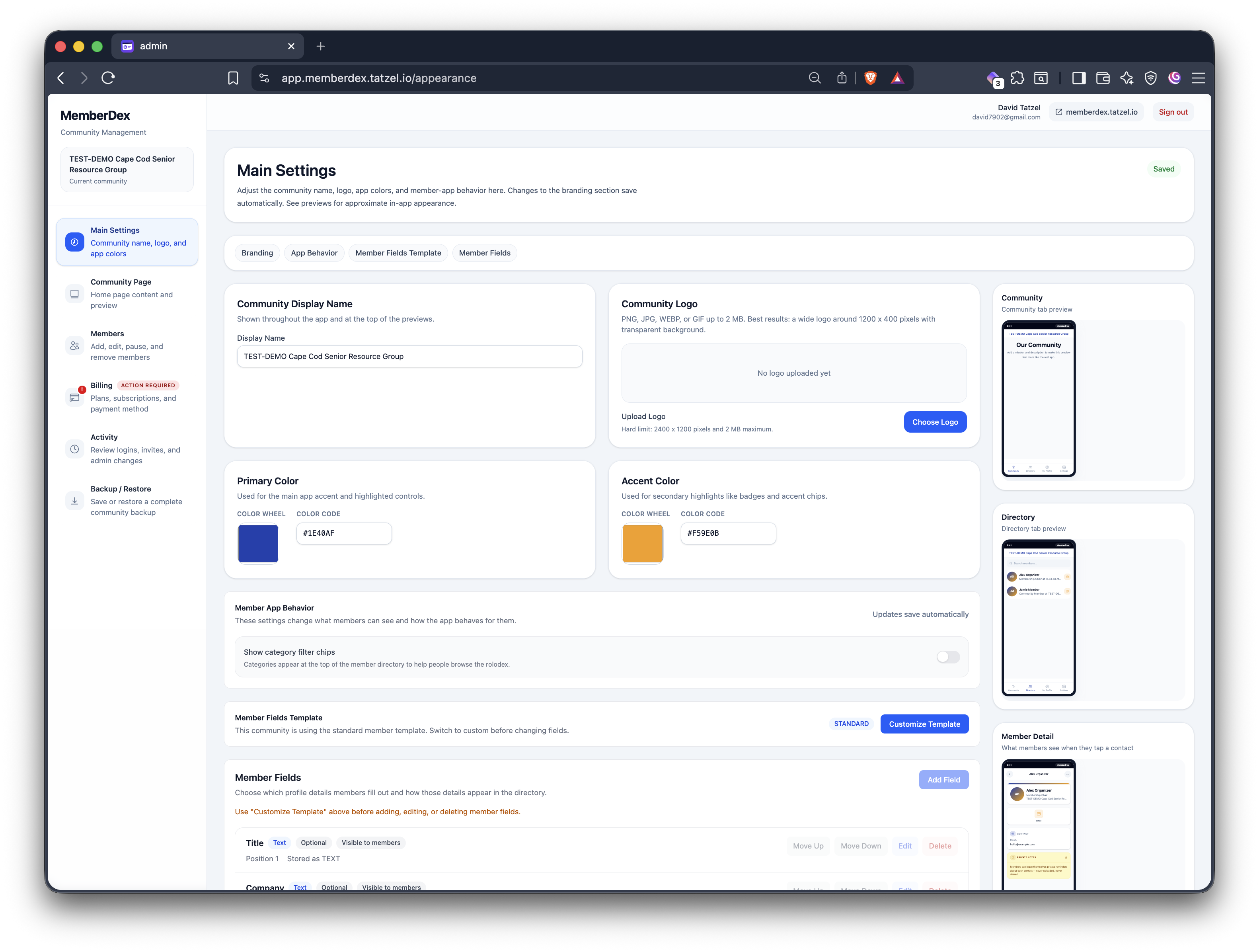 MemberDex admin dashboard — Main Settings
