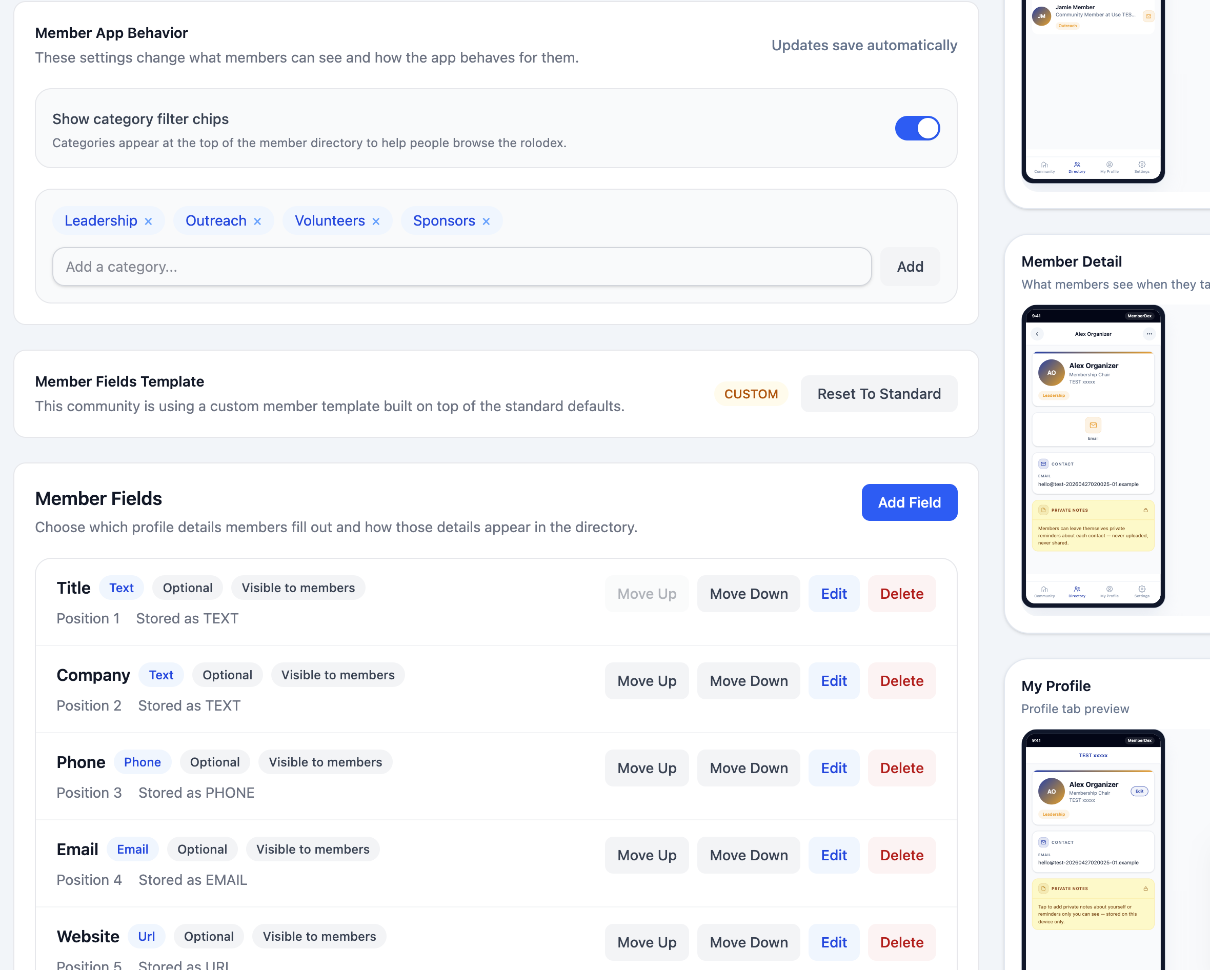 Member fields template editor with category chips and field rows