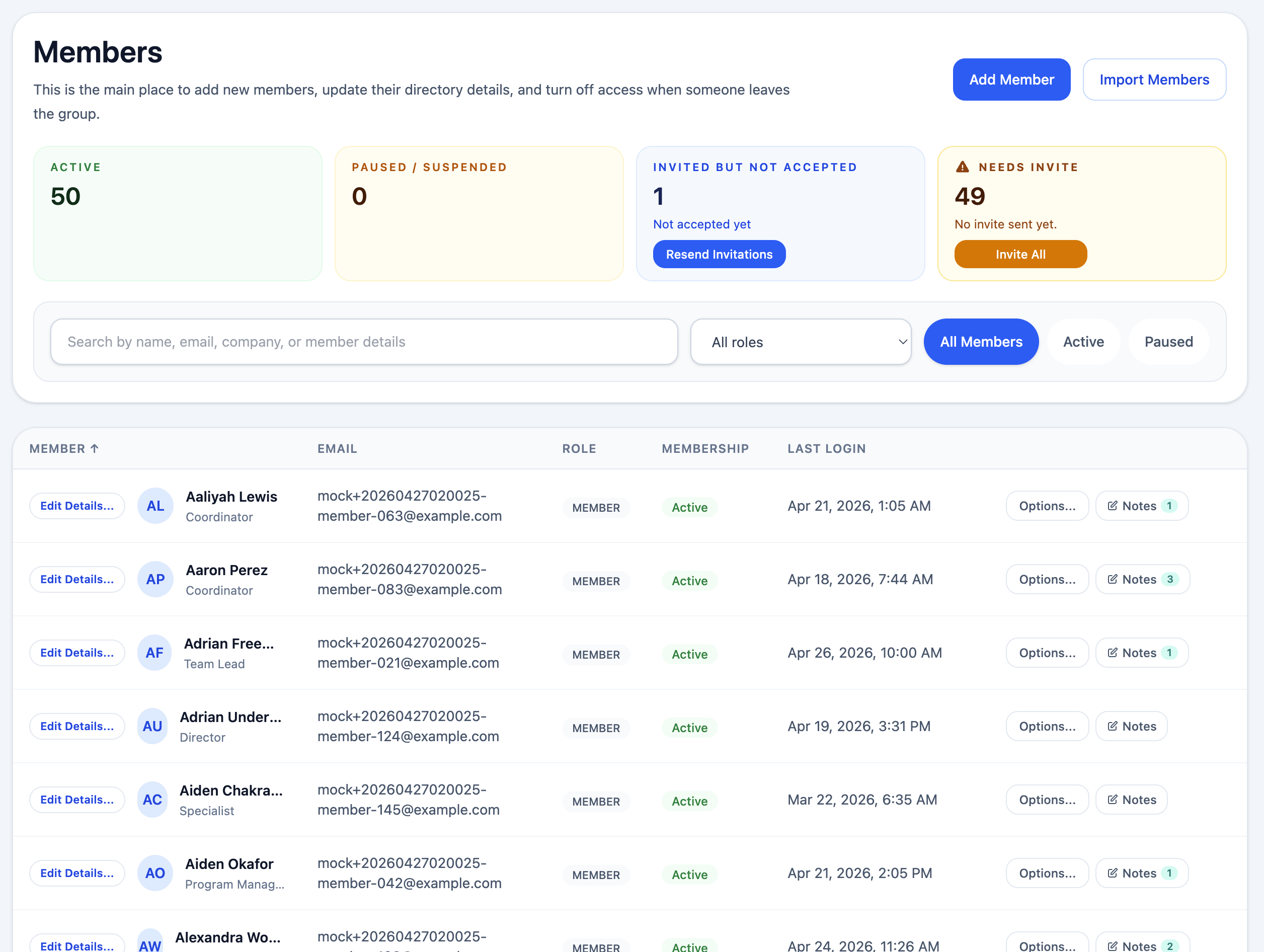 Members page with status cards and a sortable table