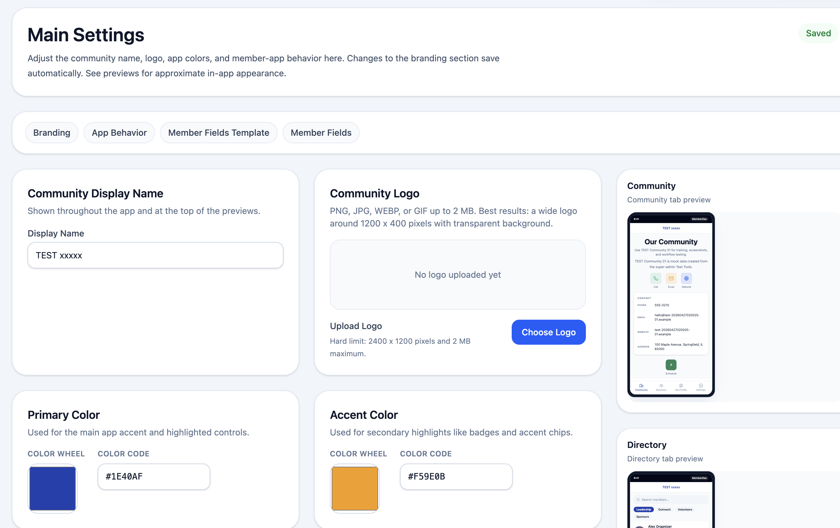 Main settings: branding tab with logo upload and color pickers, live phone preview on the right