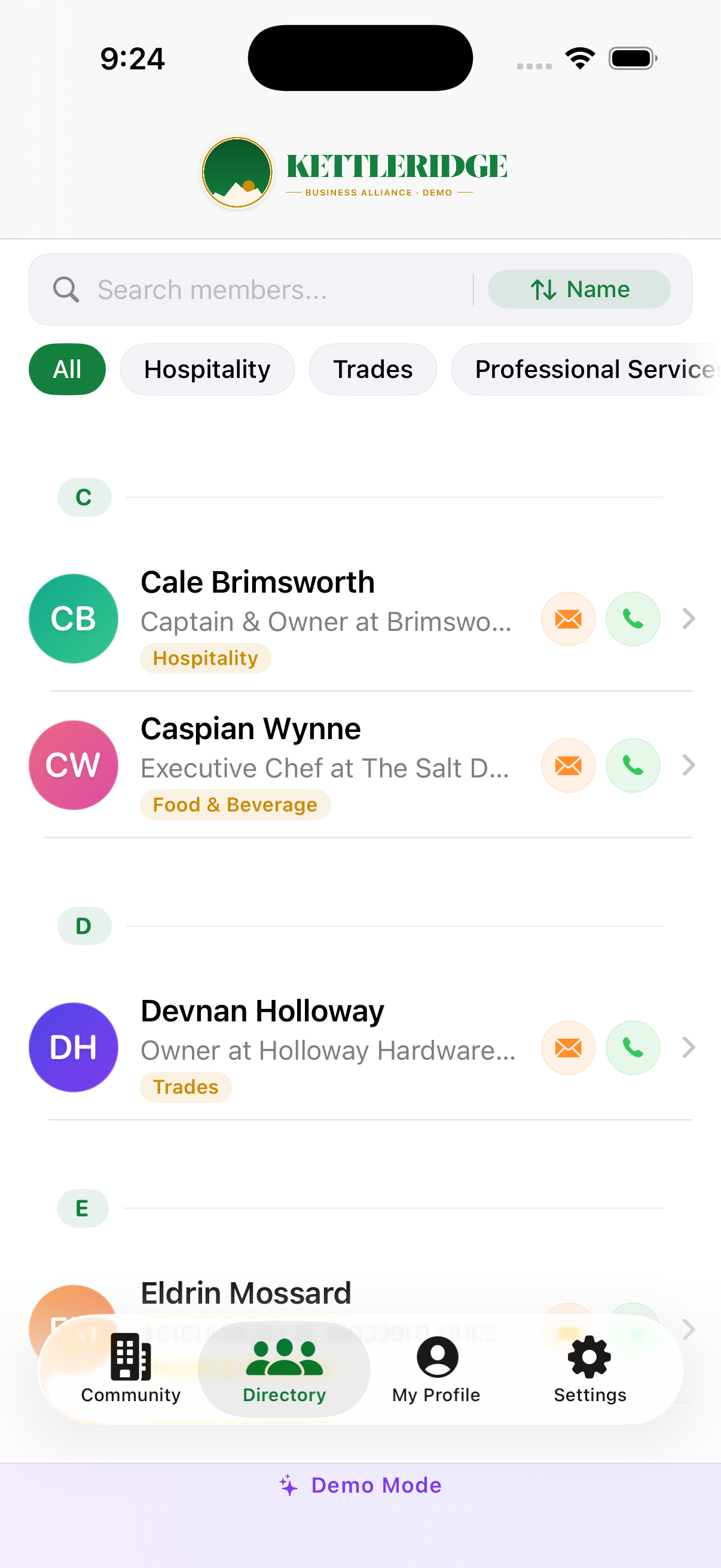 Directory tab with category chips and member rows