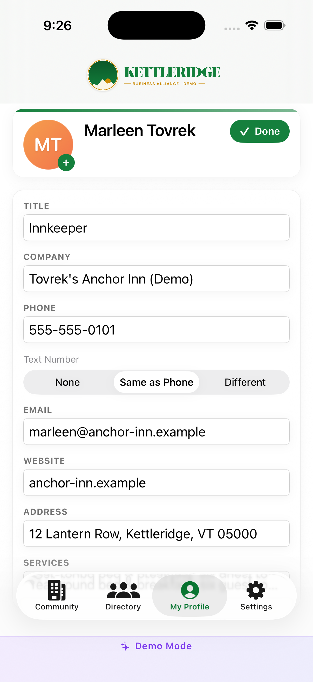Profile edit mode with form fields