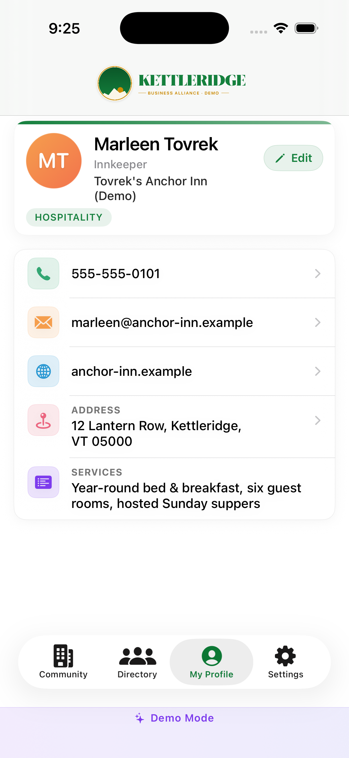 My Profile tab with rolodex hero and contact info