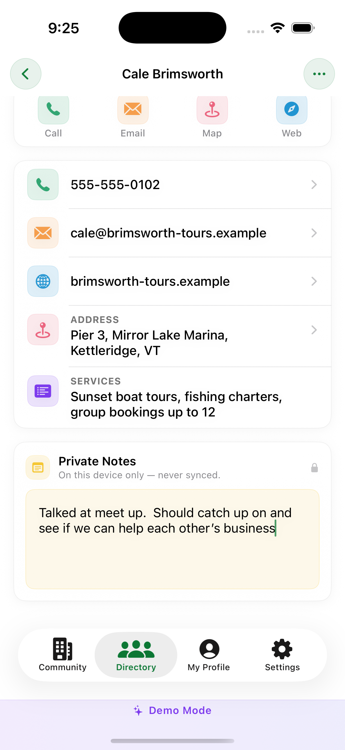 Member detail with private notes section