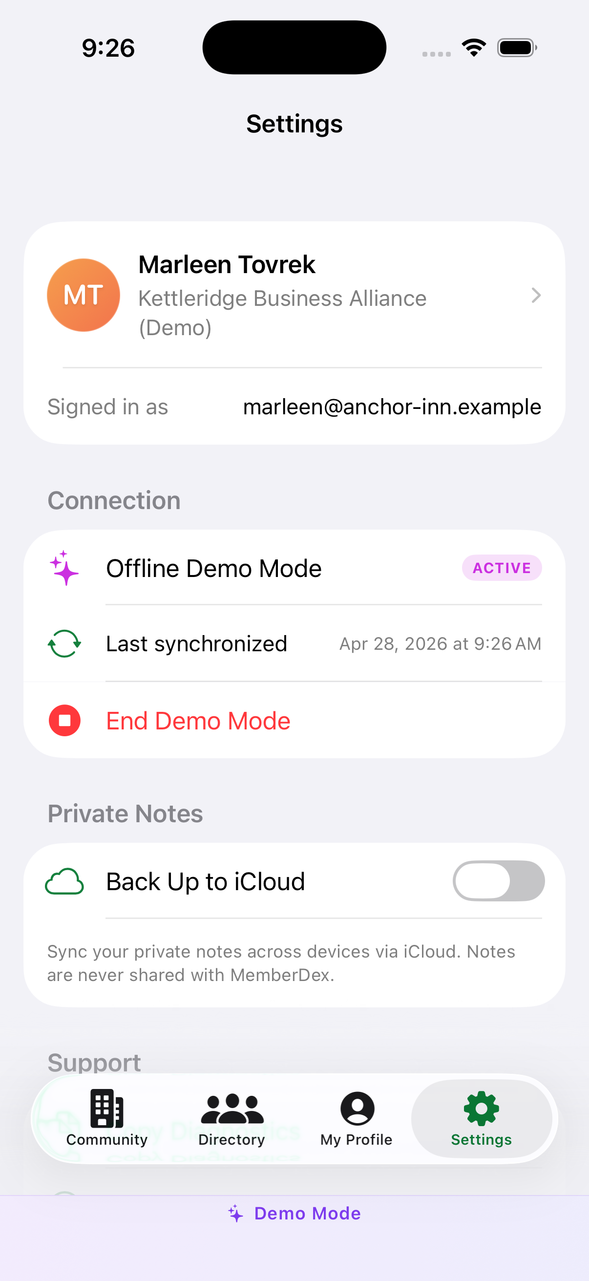 Settings with connection status and demo mode toggle